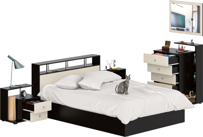 Камелия спальня № 5 Кровать 1400 + Две тумбы + Комод + Зеркало, цвет венге/дуб лоредо, сп.м. 1400х2000 мм., б/м, основание есть