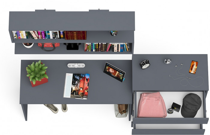 Мори Стол письменный МСП1200.1 + Комод МК800.4 + Полка 1200, цвет графит, ШхГхВ 200,8х50х209,6 см., универсальная сборка