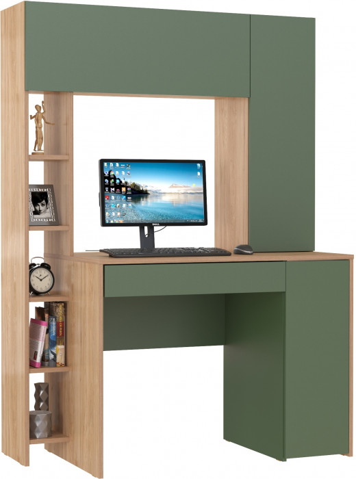 компьютерный стол Комфорт 12.71, гикори рокфорд натуральный/дымчатый зелёный