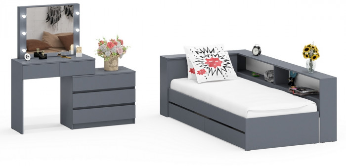 Ксения Кровать с ящиками 0900 + прикроватный блок + Столик с подсветкой 110, графит