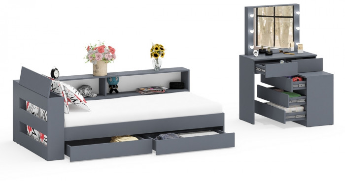Ксения Кровать с ящиками 0900 + прикроватный блок + Столик с подсветкой 110, графит
