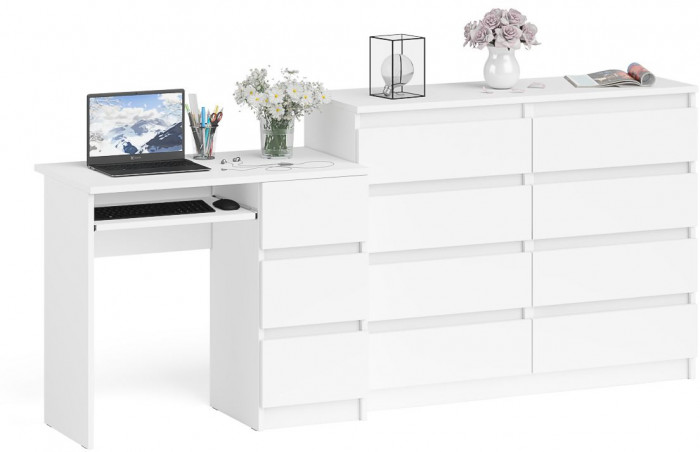 Мори компьютерный стол МС-6 правый + Комод МК1200.8, белый