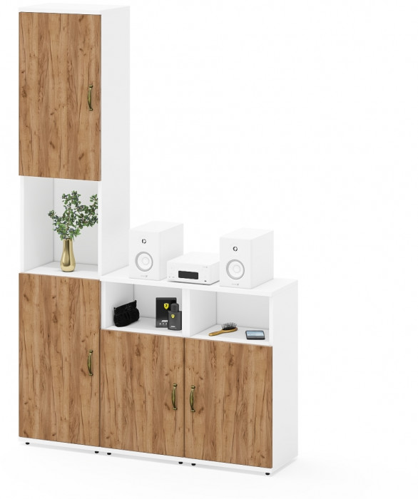 Лидер-8 Пенал + Тумба МД 3.19 + Тумба МД 3.19, цвет белый шагрень/крафт золото, ШхГхВ 120х30х190 см., универсальная сборка