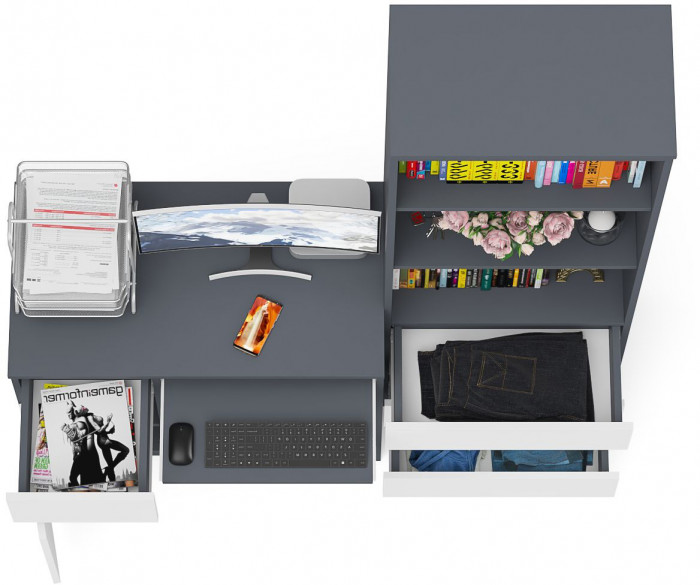 Мори Стол компьютерный МС-1 левый + Стеллаж МСТ600.3, цвет графит/белый, ШхГхВ 150,4х50х179,6 см., выдвижной ящик слева, НЕ универсальная сборка