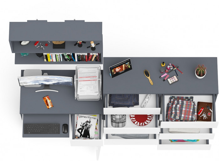 Мори Стол компьютерный МС-1 правый + Комод МК1200.10 + Полка 900, цвет графит/белый, ШхГхВ 210,4х50х209,6 см., НЕ универсальная сборка