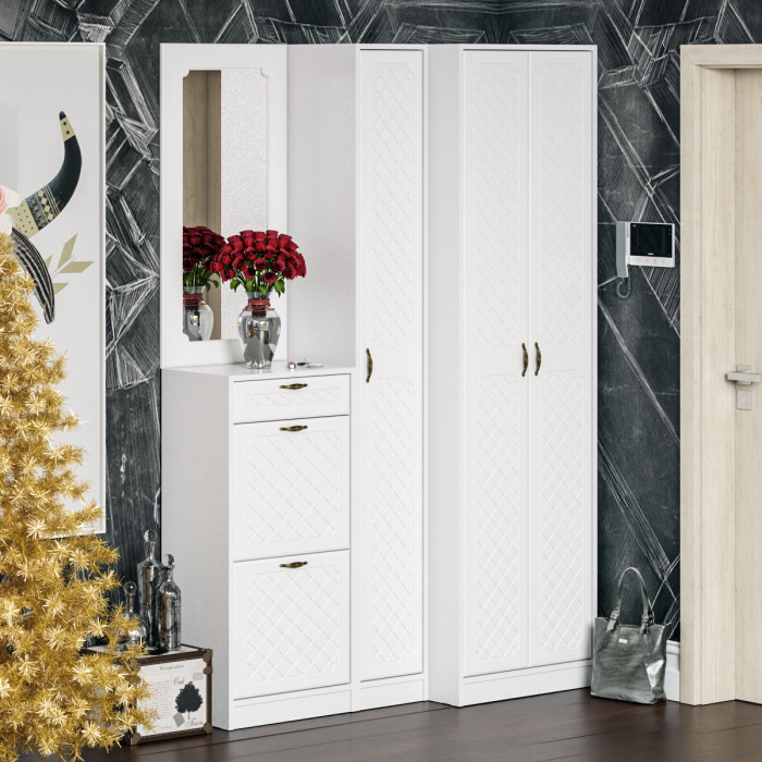 Прихожая П-6 Тумба для обуви 2 секции + Зеркало, белая шагрень/фасады МДФ белое дерево фрезеровка ромб