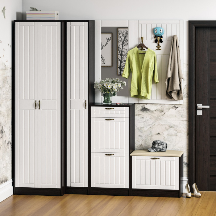 Прихожая П-6 Компоновка № 31, цвет венге/фасады МДФ белое дерево фрезеровка прованс, ШхГхВ 200х50х210 см., универсальная сборка