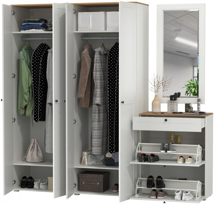 Остин Прихожая 28, цвет белый шагрень/дуб крафт золотой, ШхГхВ 240х54,3х229,6 см., универсальная сборка