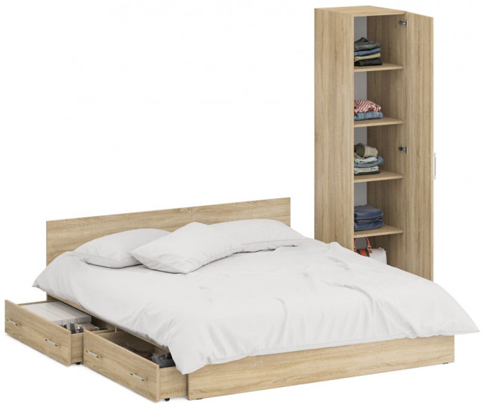 Кровать с ящиками 1800 + Пенал Стандарт, дуб сонома