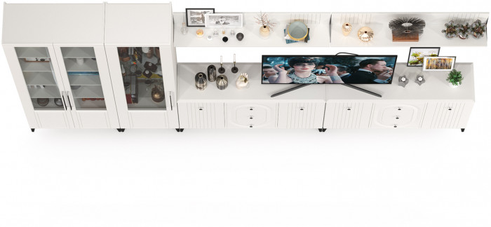 Валенсия Гостиная № 124, цвет ЛДСП белый шагрень/МДФ белый шагрень, ШхГхВ 405,4х38,4х225,2 см., универсальная сборка