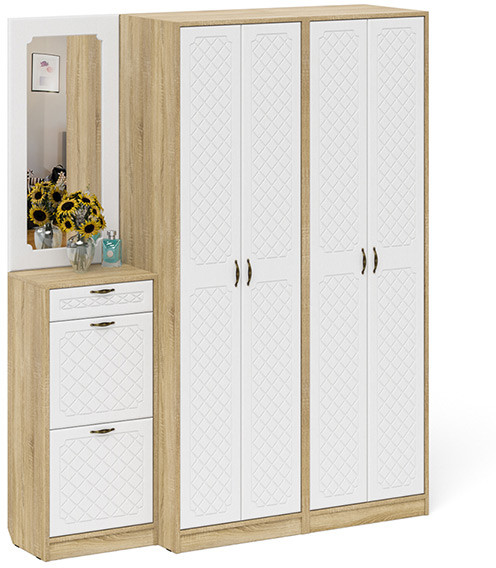 Прихожая П-6 Компоновка № 14, цвет дуб сонома/фасады МДФ белое дерево фрезеровка ромб, ШхГхВ 170х50х210 см., универсальная сборка