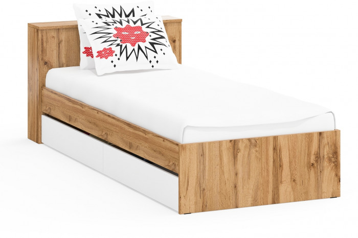 Ксения Кровать с ящиками 0900, цвет дуб вотан/белый, ШхГхВ 96,4х221,6х72 см., сп.м. 900х2000 мм., без матраса, основание есть, ун. сб.