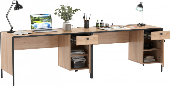 Брюс Стол письменный 12.157 + Стол письменный 12.157, цвет чёрный/Battle rock Santiago/столешница МДФ ель карпатская, ШхГхВ 260х62,6х75 см., ун. сб.