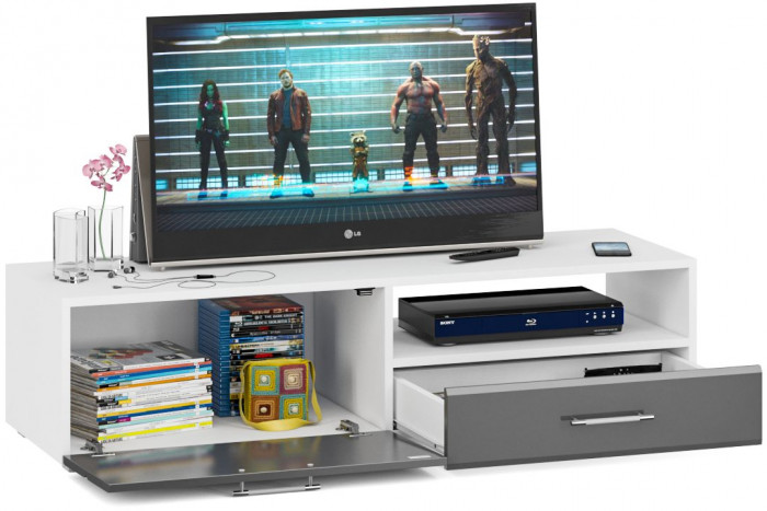 Тумба под ТВ Ларго 1,4, цвет корпус белый/фасады МДФ графитово-серый глянец, ШхГхВ 140х46х35 см., НЕ универсальная сборка