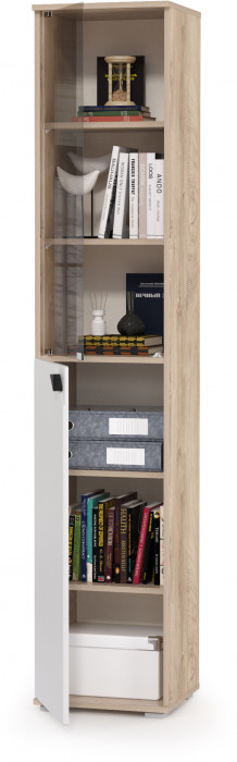 КР100 Бостон 13.155 Шкаф, цвет дуб эндгрейн элегантный/фасады МДФ милк рикамо софт, ШхГхВ 38,6х35,1х194,4 см., универсальная сборка