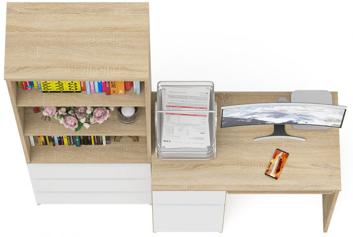 Мори Стол компьютерный МС-1 левый + Стеллаж МСТ600.3, цвет дуб сонома/белый, ШхГхВ 150,4х50х179,6 см., выдвижной ящик слева, НЕ универсальная сборка