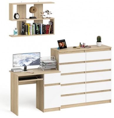 Мори Стол компьютерный МС-1 правый + Комод МК1200.10 + Полка 900, цвет дуб сонома/белый, ШхГхВ 210,4х50х209,6 см., НЕ универсальная сборка