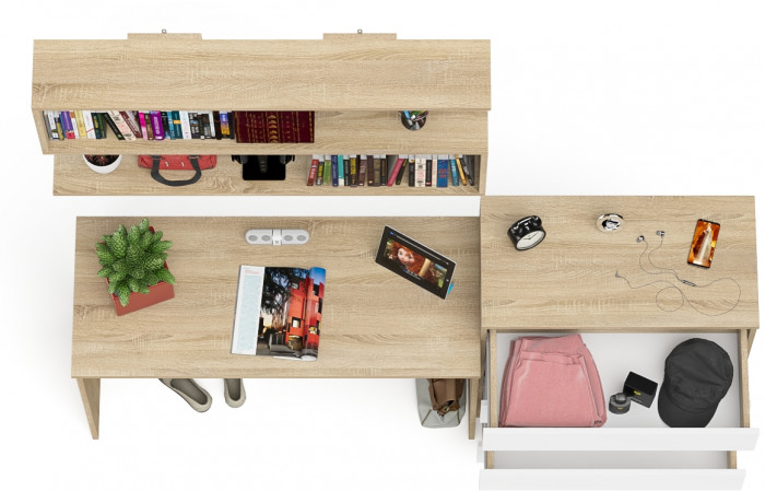 Мори Стол письменный МСП1200.1 + Комод МК800.4 + Полка 1200, цвет дуб сонома/белый, ШхГхВ 200,8х50х209,6 см., универсальная сборка