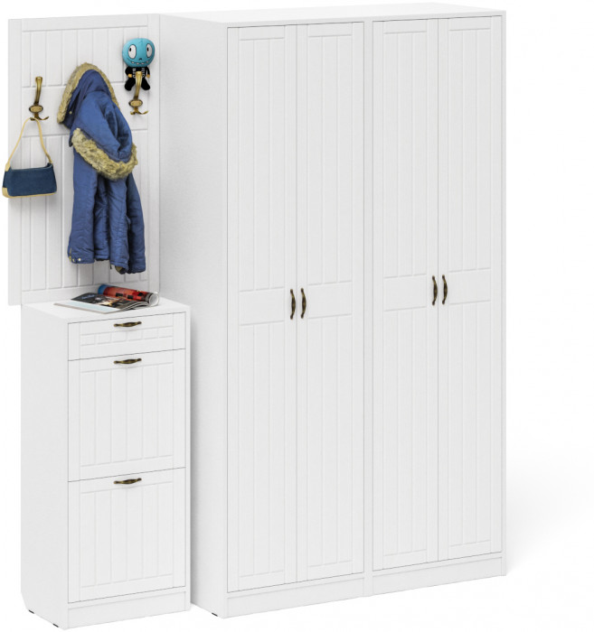 Прихожая П-6 Компоновка № 15, цвет белая шагрень/фасады МДФ белое дерево фрезеровка прованс, ШхГхВ 180х50х210 см., универсальная сборка