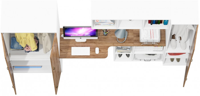 Лидер-8 Шкаф МД 19Б + Стол + Полка + Пенал 21Б, цвет белый шагрень/крафт золото, ШхГхВ 285х50/37,5х75/190 или 195х120х75/190 см., НЕ ун.сб.