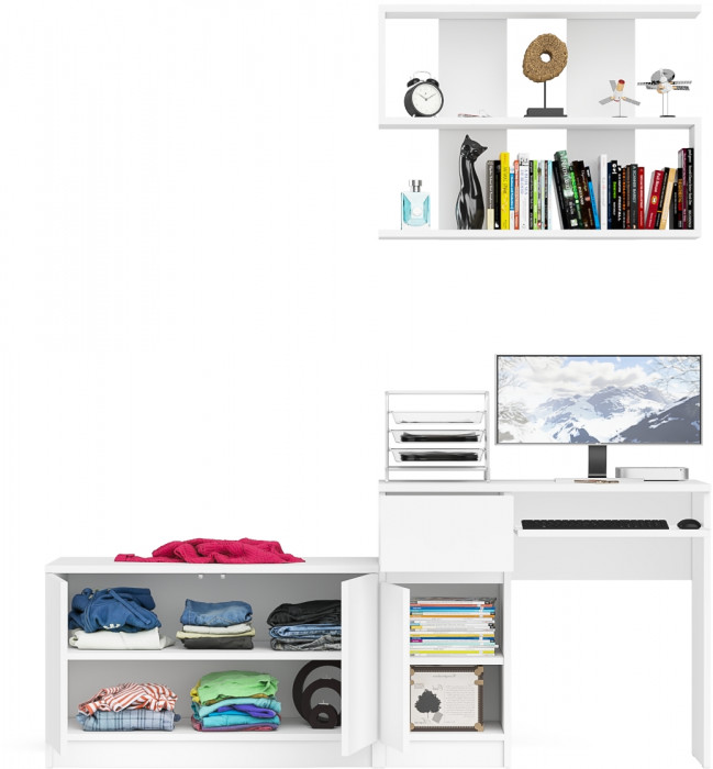 Мори Стол компьютерный МС-1 левый + Тумба МА900.1 + Полка 900, цвет белый, ШхГхВ 180,4х50,4х209,6 см., НЕ универсальная сборка