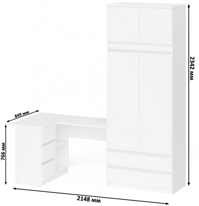 Мори Стол компьютерный МС-16 левый + Шкаф МШ900.1 + Антресоль МА900.1, цвет белый, ШхГхВ 214,8х84,9х234,2 см., выдвижные ящики слева, НЕ универс. сб.