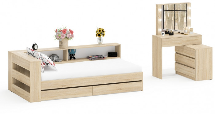 Ксения Кровать с ящиками 0900 + прикроватный блок + Столик с подсветкой 110, дуб сонома