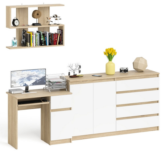 Мори компьютерный стол МС-1 правый + Комод МК1600.1 + Полка 900, дуб сонома/белый