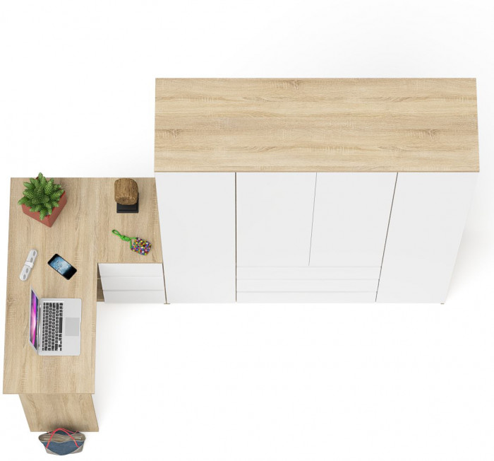 Мори компьютерный стол МС-16 правый + Шкаф МШ1600.1, дуб сонома/белый