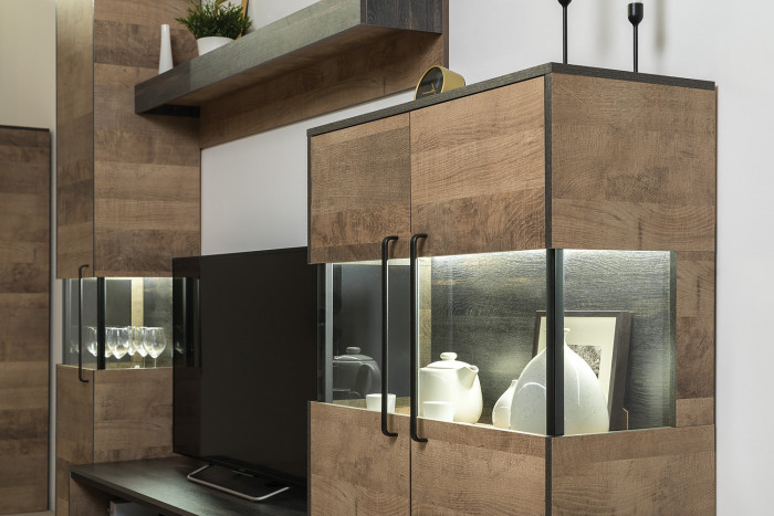 Трувор Гостиная 025, цвет дуб гранж песочный/интра, ШхГхВ 280,4х45,4х210 см., универсальная сборка