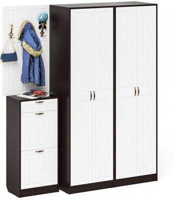 Прихожая П-6 Компоновка № 15, цвет венге/фасады МДФ белое дерево фрезеровка прованс, ШхГхВ 180х50х210 см., универсальная сборка