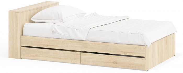 Ксения Кровать с ящиками 1200, цвет дуб сонома, ШхГхВ 126,4х221,6х72 см., сп.м. 1200х2000 мм., без матраса, основание есть, универсальная сборка