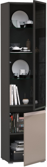 Сидней 13.201 Шкаф-витрина, цвет корпус: антрацит/фасады: МДФ веллюто капучино/прозрачное стекло с серой тонировкой, ШхГхВ 50х41,3х205,2 см., ун. сб.