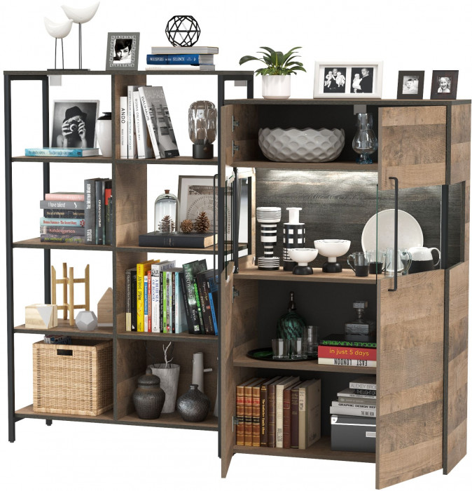 Трувор 13.151.02 Стеллаж + 13.306 Комод с витриной, цвет дуб гранж песочный/интра, ШхГхВ 175,8х37х146 см., универсальная сборка