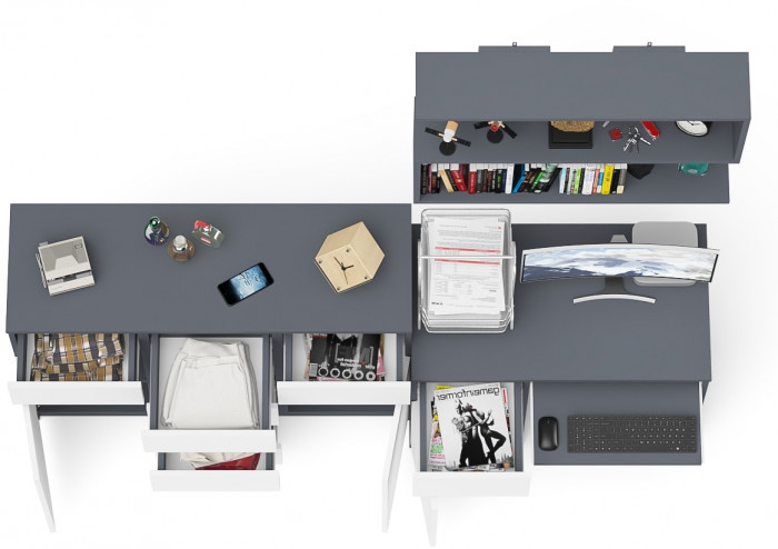 Мори Стол компьютерный МС-1 левый + Комод МК1200.4 + Полка 900, цвет графит/белый, ШхГхВ 210,4х50х209,6 см., НЕ универсальная сборка