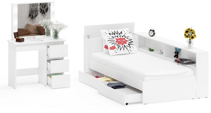 Ксения Кровать с ящиками 0900 + прикроватный блок + Столик с подсветкой Сура, белый