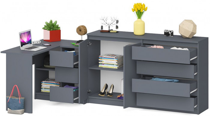 Мори компьютерный стол МС-16 правый + Комод МК1600.1, графит
