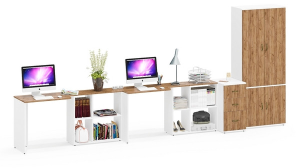 Лидер-8 Стол + Стол + Шкаф МД 20Б + Тумба МД 3.16, цвет белый шагрень/крафт золото, ШхГхВ 450х50/37,5х75/190 или 230х200/50х75/190 см., НЕ ун. сб.