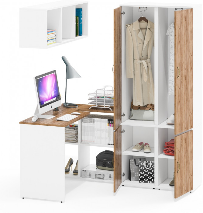 Лидер-8 Стол + Полка + Пенал МД 21Б + Пенал МД 21Б, цвет белый шагрень/крафт золото, ШхГхВ 245х50/37,5х75/190 или 115х160/50х75/190 см., НЕ ун. сб.