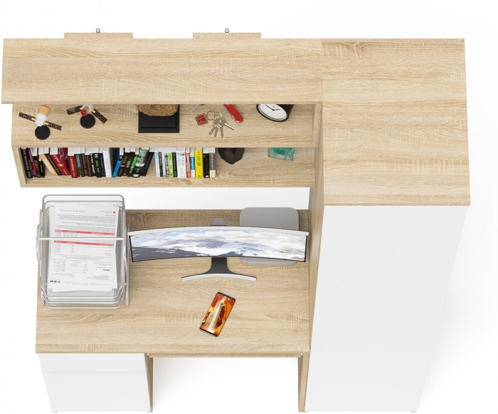 Мори Стол компьютерный МС-1 левый + Пенал МШ400.1 + Полка 900, цвет дуб сонома/белый, ШхГхВ 130,4х50,4х209,6 см., НЕ универсальная сборка