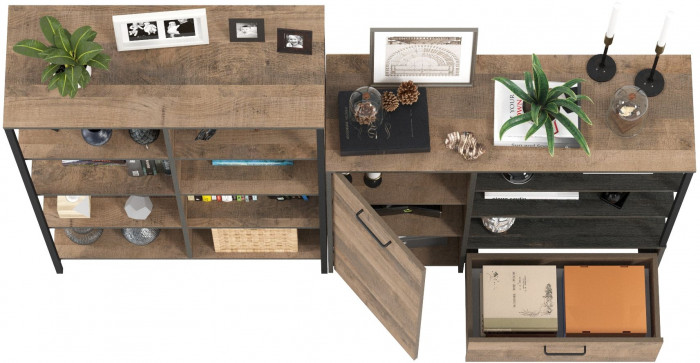 Трувор 13.151.02 Стеллаж + 13.307.01 Комод, цвет дуб гранж песочный/интра, ШхГхВ 199х37х146 см., универсальная сборка