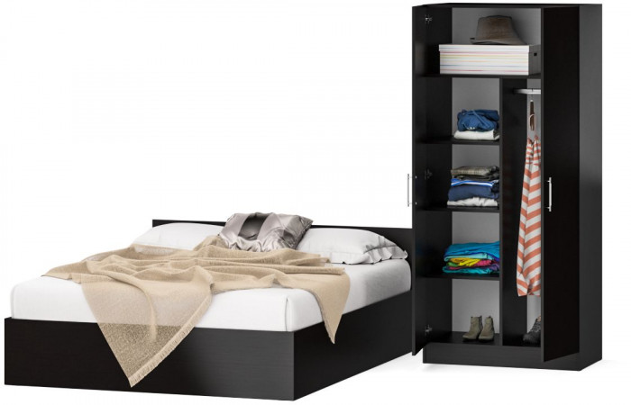 Кровать 1600 + Шкаф 2-х створчатый Стандарт, цвет венге, ШхГхВ 163,5х203,5х70 + 90х52х200 см., сп.м. 1600х2000 мм., без матраса, основание есть