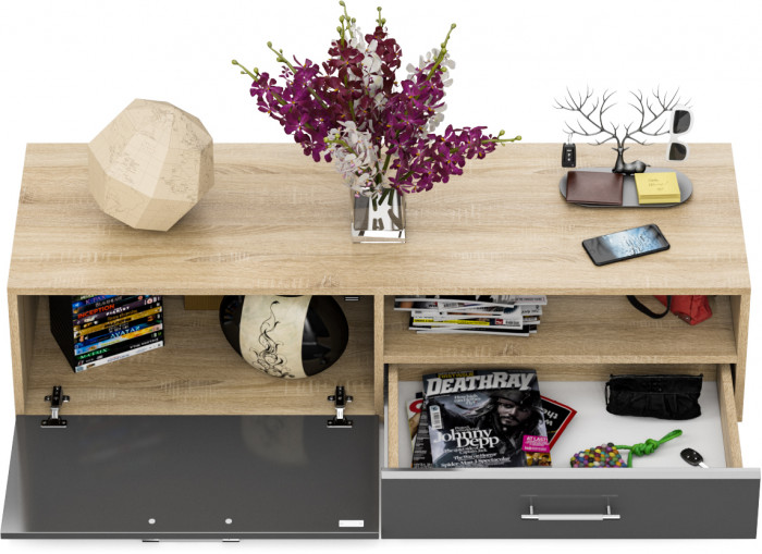 Тумба под ТВ Ларго 1,4, цвет корпус дуб сонома/фасады МДФ графитово-серый глянец, ШхГхВ 140х46х35 см., НЕ универсальная сборка