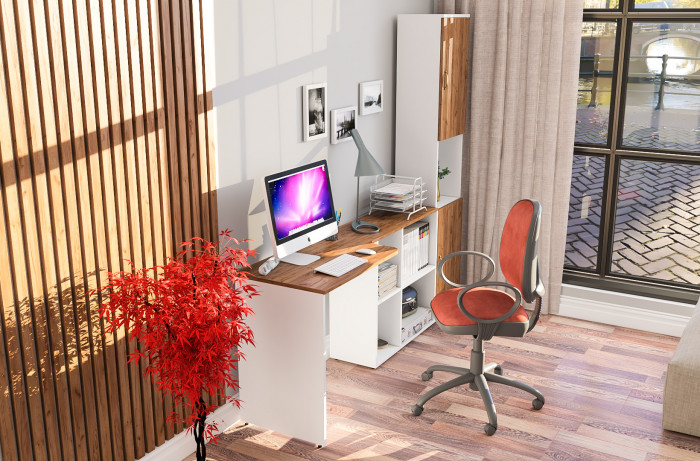 Лидер-8 Стол + Пенал, цвет белый шагрень/крафт золото, ШхГхВ 205х50/30х75/190 см. или 115х50/120х75/190 см., НЕ универсальная сборка