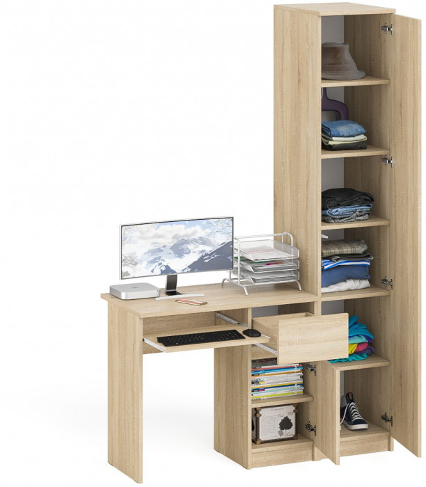 Мори Стол компьютерный МС-1 правый + Пенал МШ400.1, цвет дуб сонома, ШхГхВ 130,4х50,4х209,6 см., выдвижной ящик справа, НЕ универсальная сборка