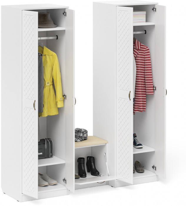 Прихожая П-6 Компоновка № 07, цвет белая шагрень/фасады МДФ белое дерево фрезеровка ромб, ШхГхВ 180х50х210 см., универсальная сборка