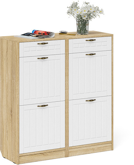 Прихожая П-6 Тумба для обуви 2 секции + Тумба для обуви 2 секции, дуб сонома/фасады МДФ белое дерево фрезеровка прованс