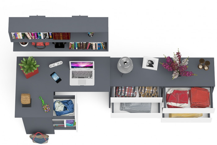 Мори компьютерный стол МС-16 левый + Комод МК1380.6 + Полка 1200, графит/белый