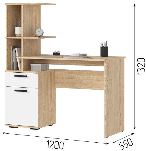 САНСА СТ-01 Стол письменный Фасад БЕЛЫЙ/Корпус ДУБ СОНОМА