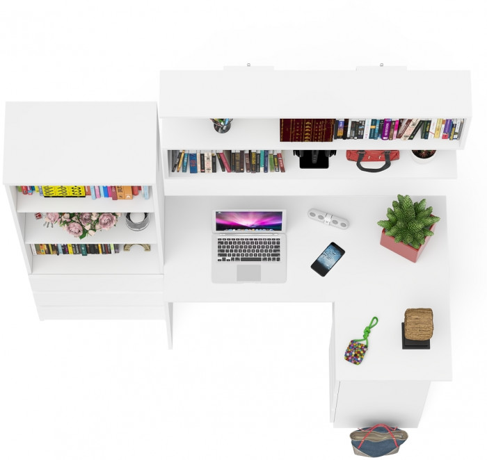 Мори компьютерный стол МС-16 правый + Стеллаж МСТ600.3 + Полка 1200, белый